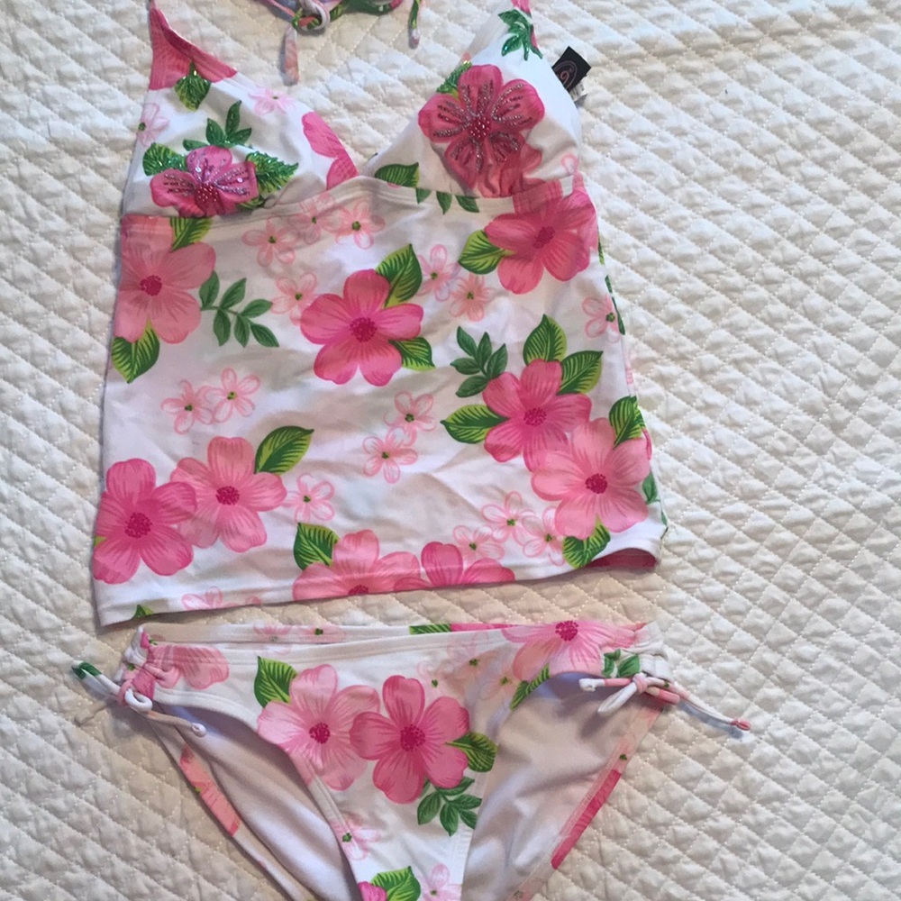 White with Bright Pink Floral Tankini